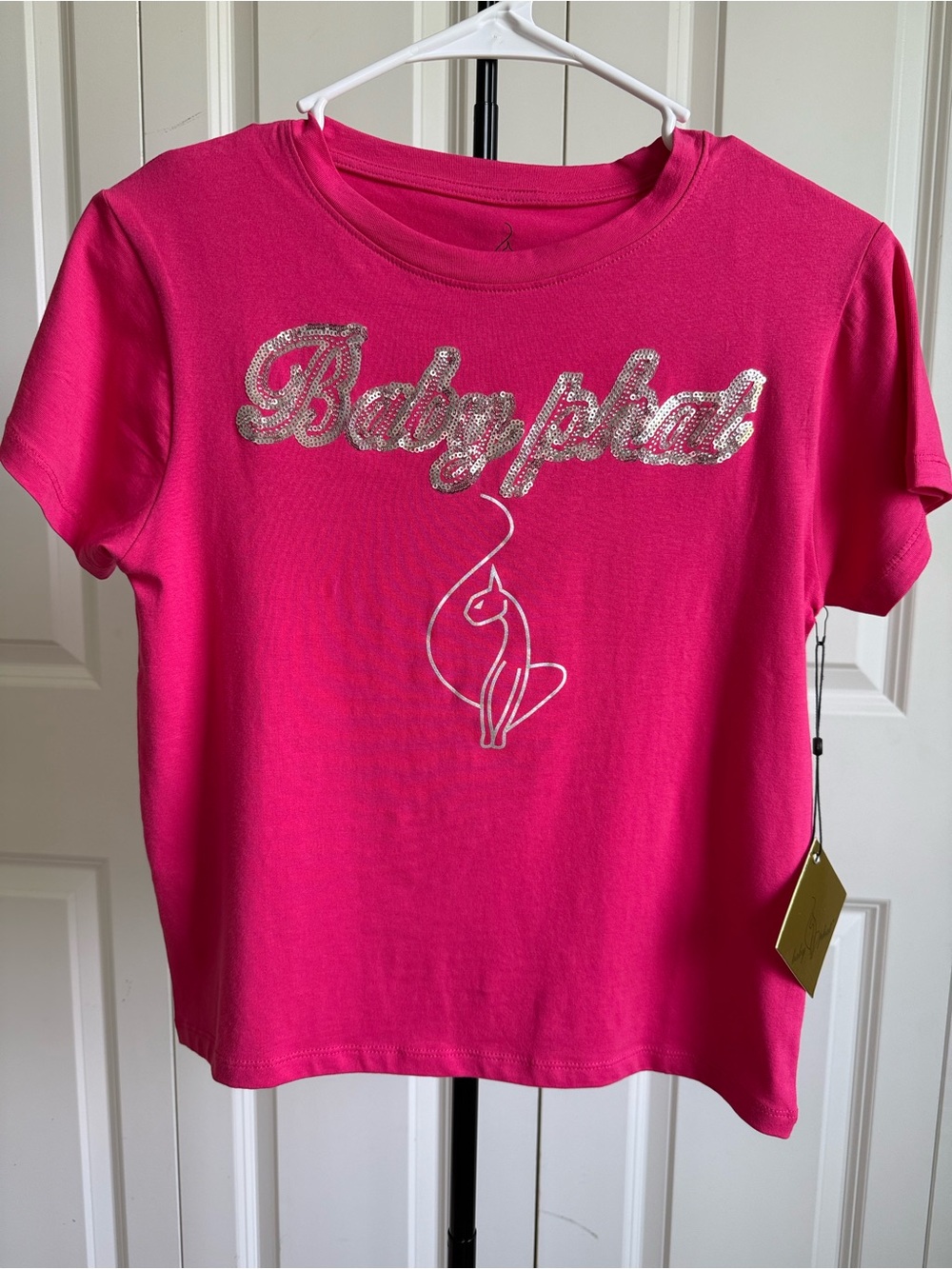 NWT Baby Phat Hot Pink Rhinestone Cat Logo Graphic Tee Shirt M